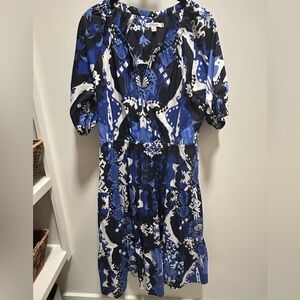 Chico's Elegant mid length Blue and Black Patterned Dress